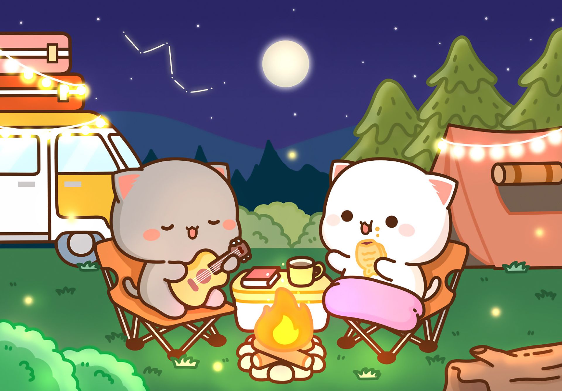 Illustration of two cats sitting around a campfire, one playing a guitar. - Camping