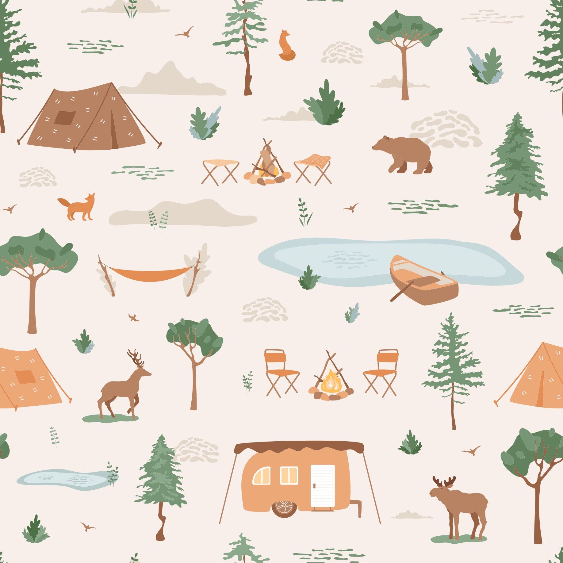A camping themed pattern with tents, animals, and campfires. - Camping