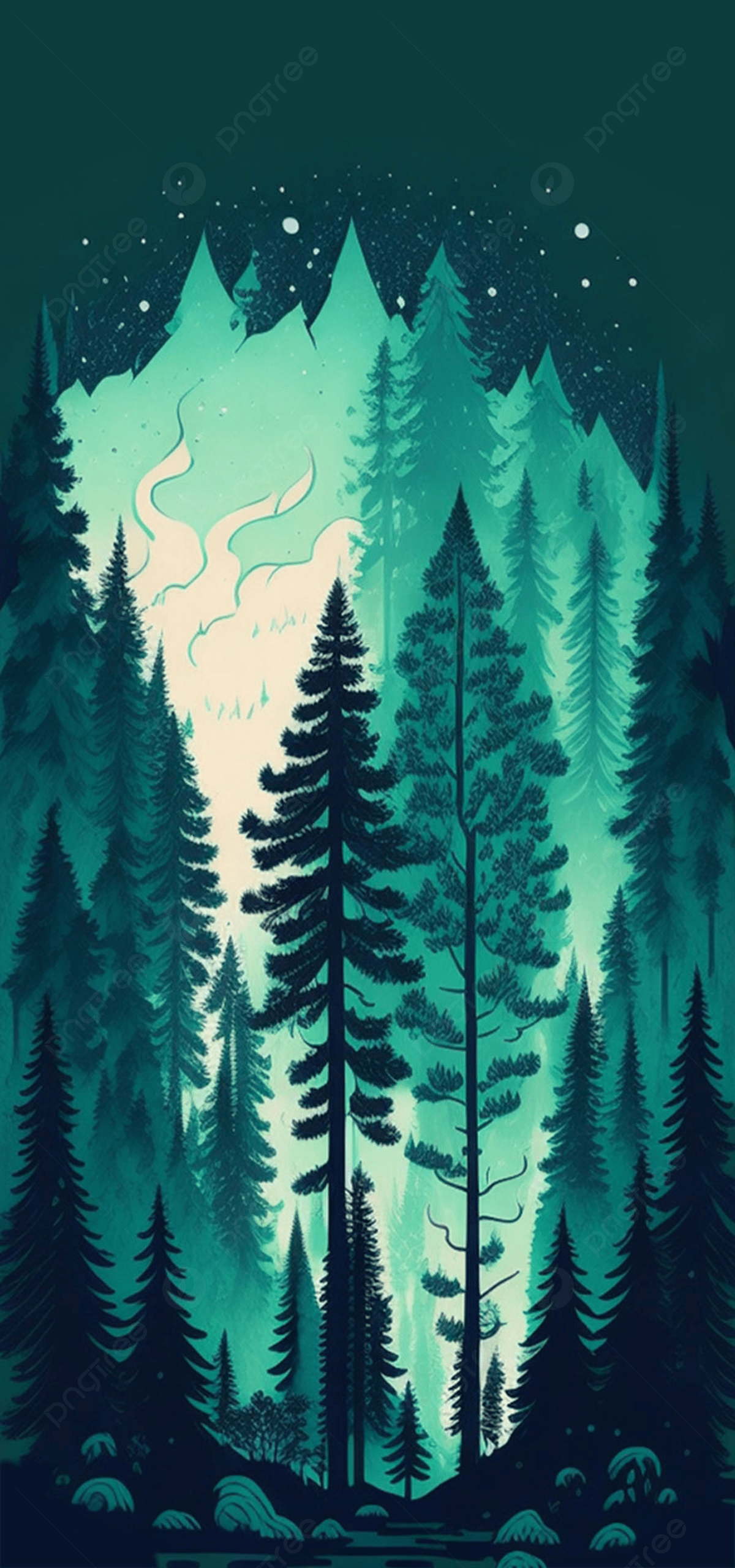 IPhone wallpaper of a forest at night with the northern lights - Camping
