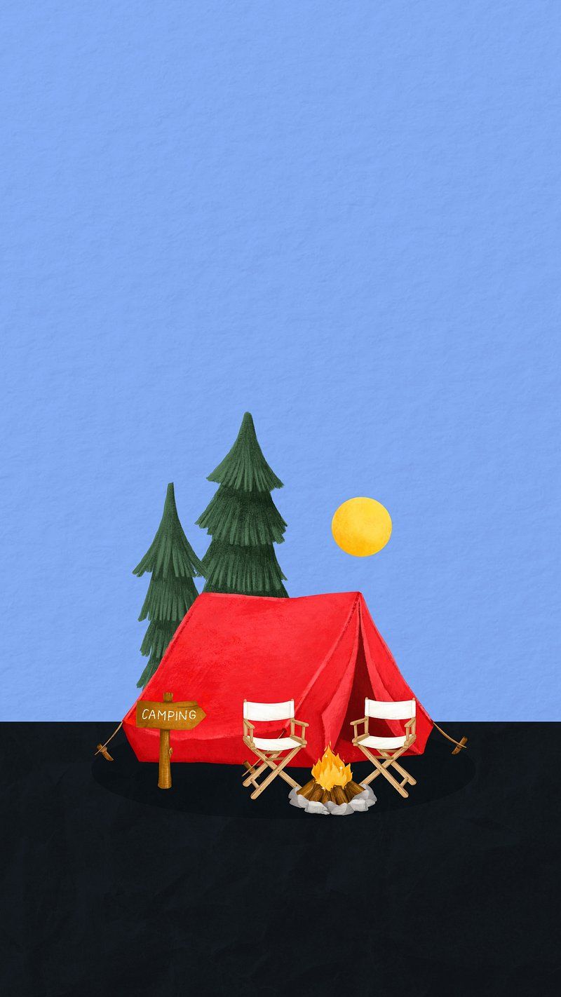 A camping site image wallpaper with a tent, two chairs, and a campfire. - Camping