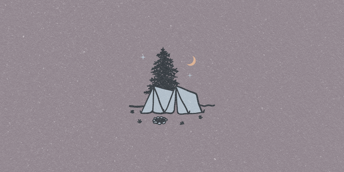 A tent pitched between two pine trees under a crescent moon - Camping