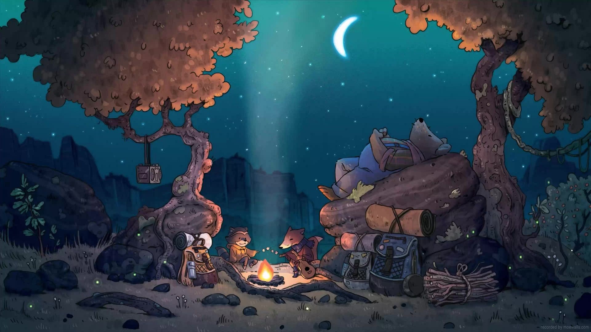 A cartoon image of animals sitting around a campfire under the stars. - Camping