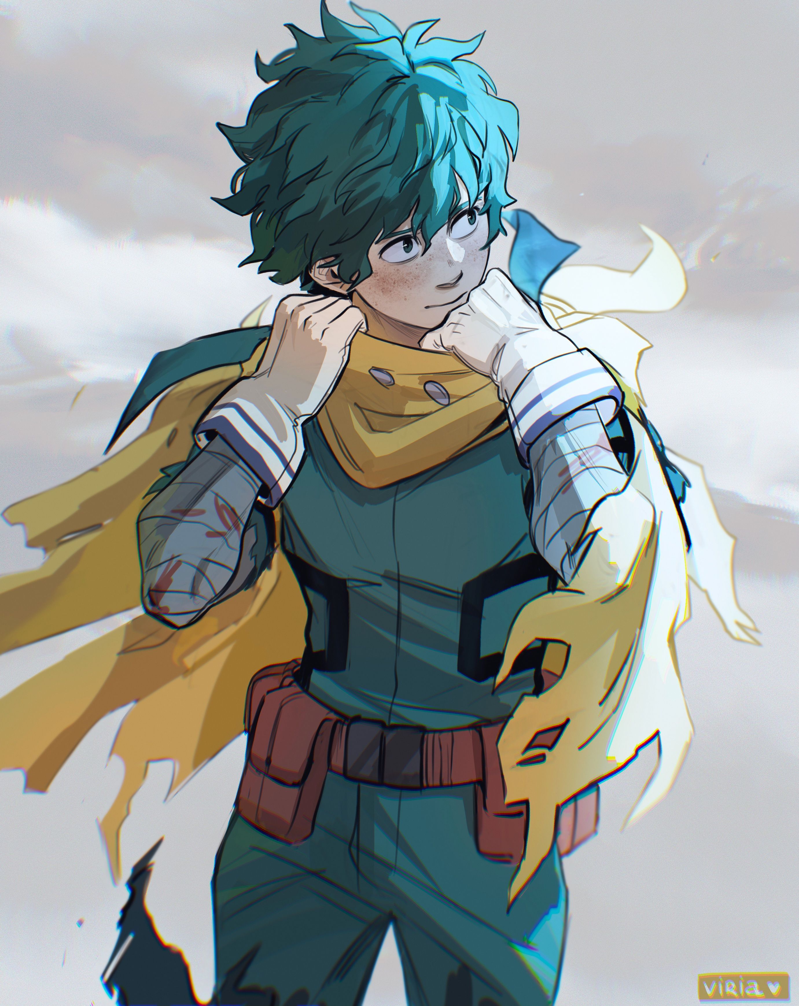 A green haired boy in a blue uniform and yellow scarf - Deku