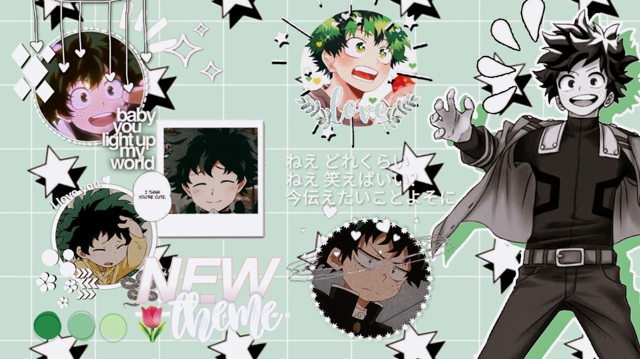 Aesthetic anime wallpaper with a green background and images of the anime characters. - Deku