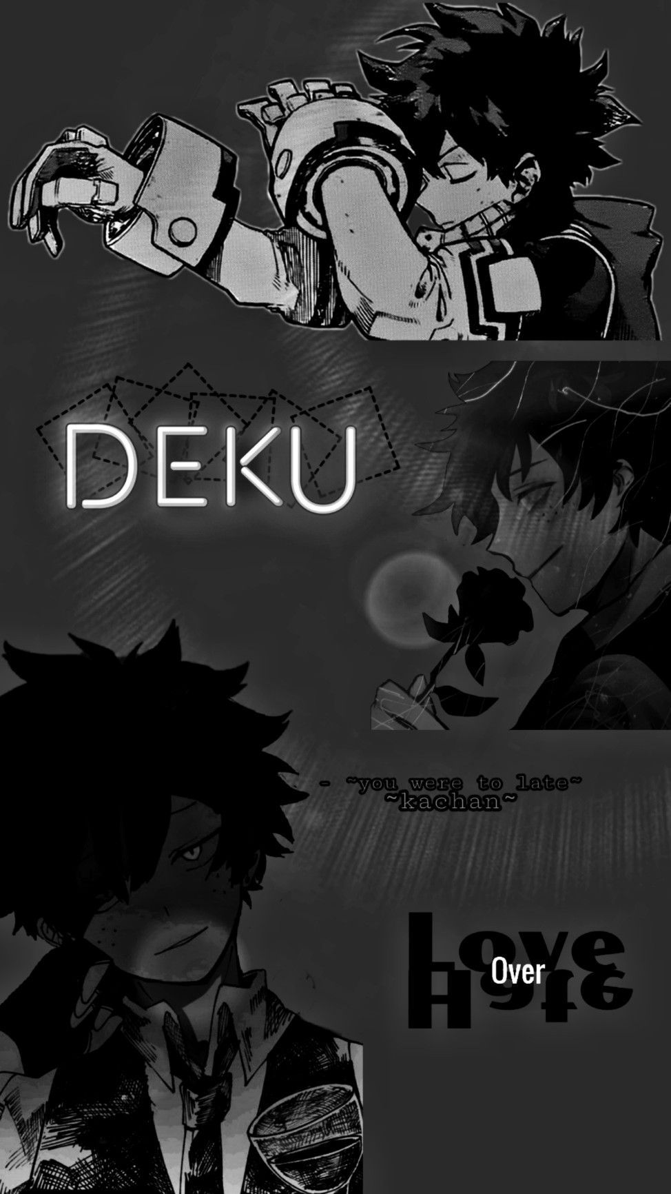 Black and white picture of DEKU from My Hero Academia with the word 