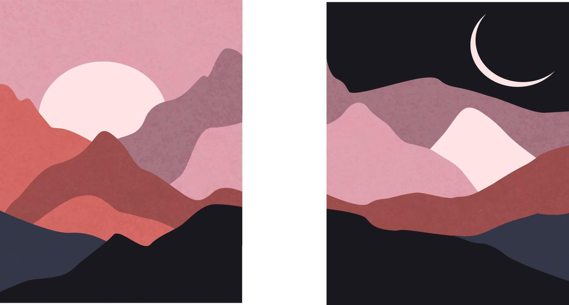 Set of trendy minimalist landscape. Boho poster collection mountains, sunset, moon. Landscape scenes. Mid century art print. Design for social media, wallpaper, postcards, prints