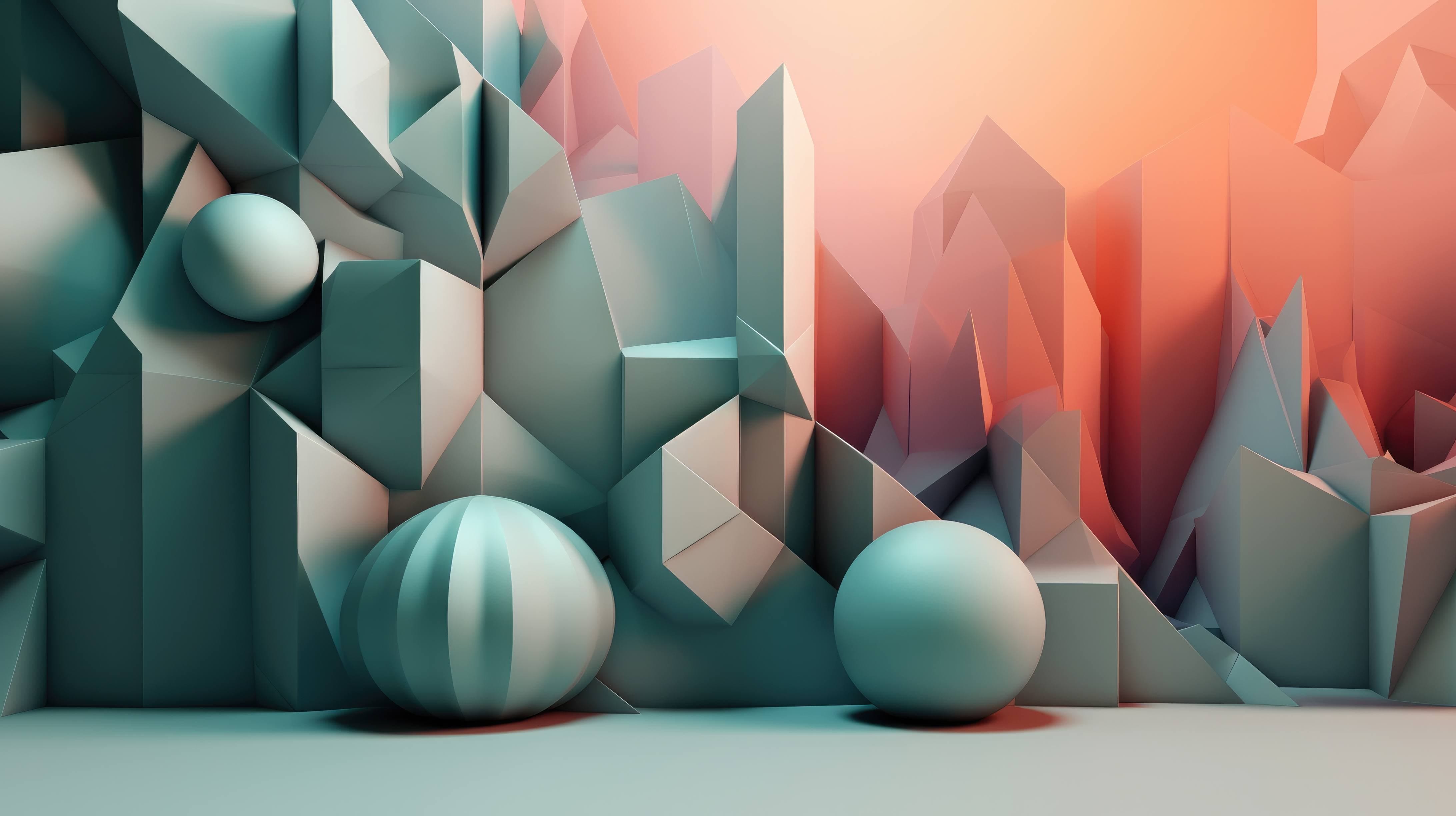 This 3D abstract design features a minimalist and elegant composition of geometric shapes and soft gradients, ideal for a sleek and modern desktop wallpaper