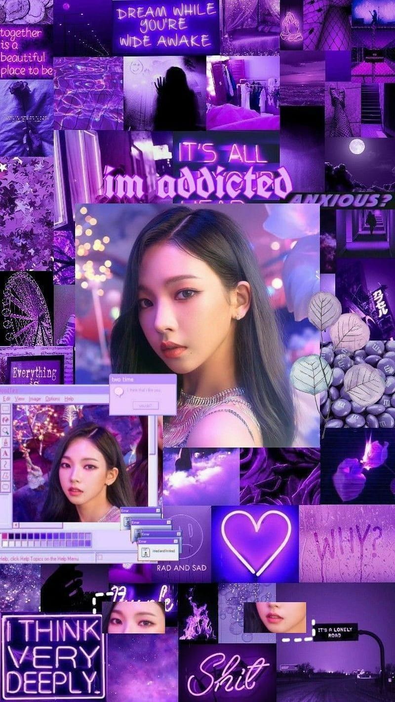 Purple aesthetic background with blackpink jennie and a collage of purple pictures - Aespa