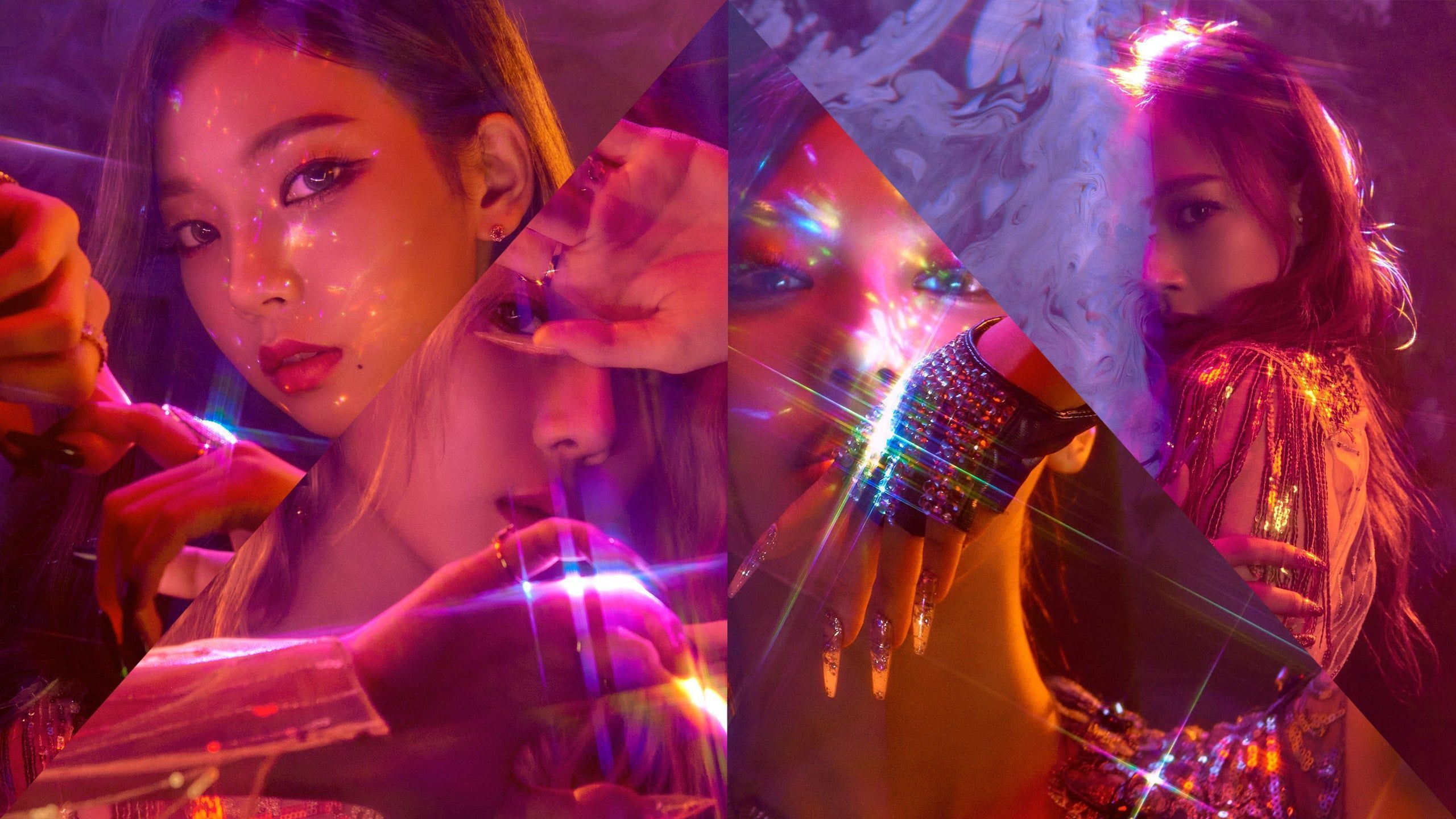A triptych of three photos of a woman with bright lights and sparkles around her - Aespa