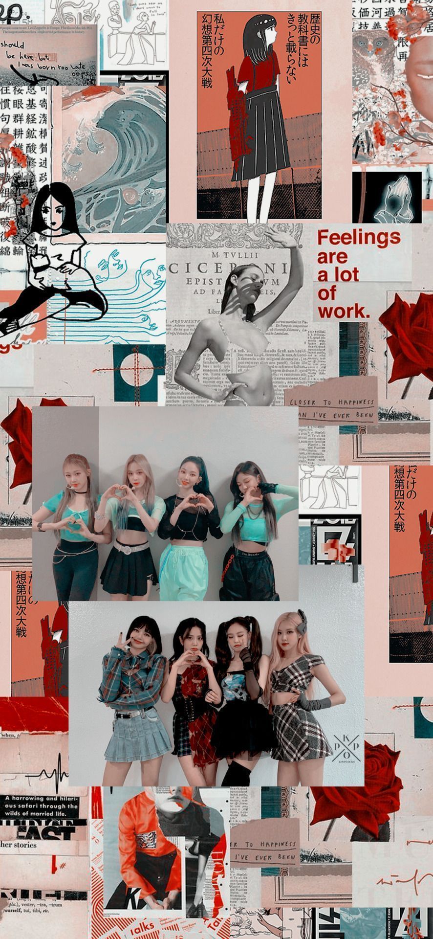 Aesthetic collage background with pictures of Blackpink members and quotes - Aespa