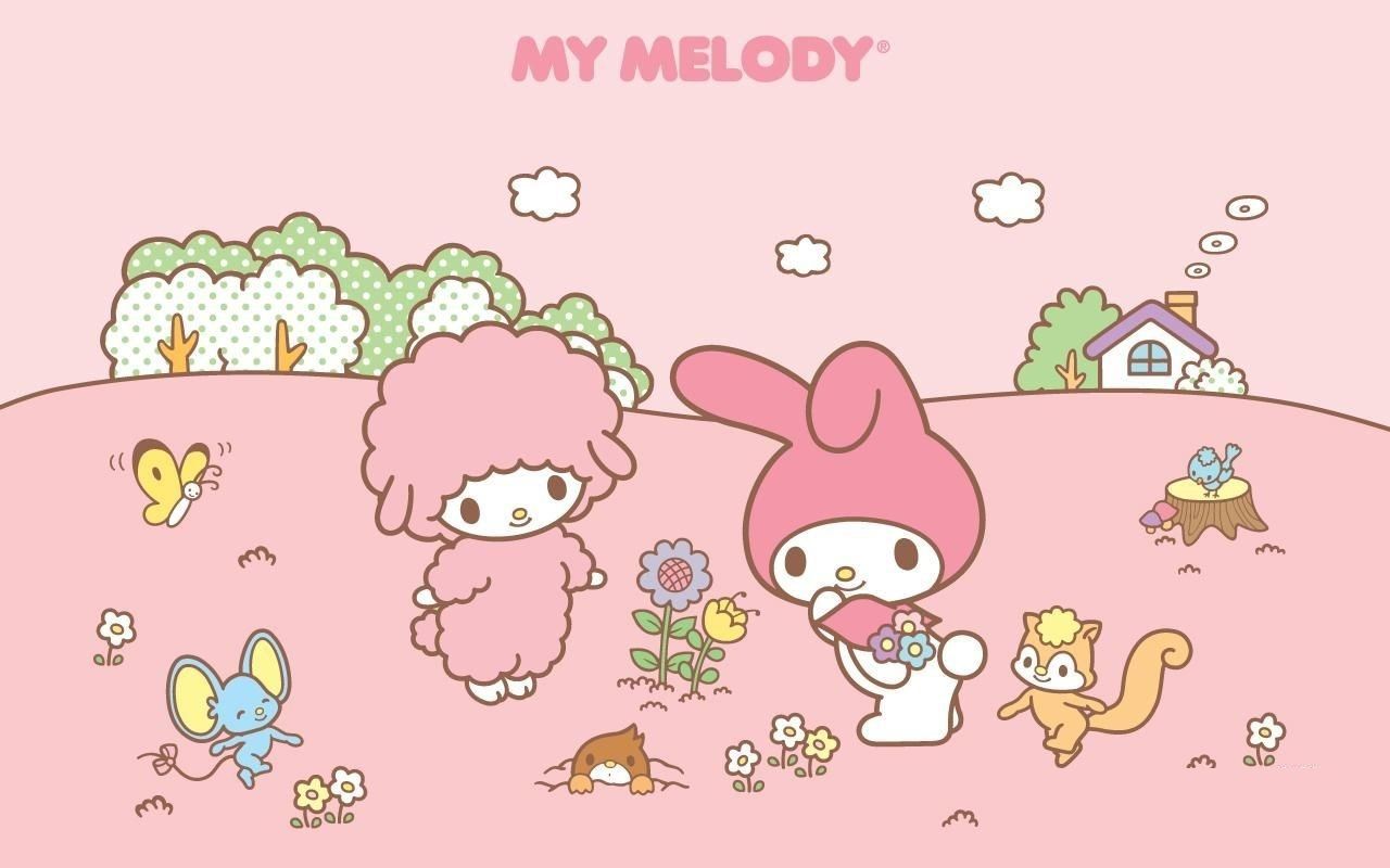 My Melody is a pink bunny rabbit with a white bow on her head. - My Melody