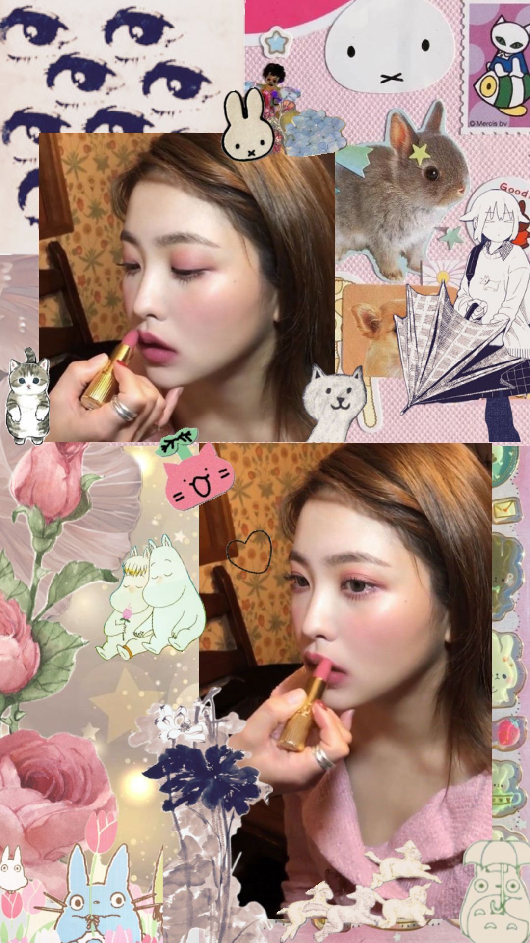 A collage of a woman applying lipstick and various illustrations of animals and flowers - Aespa