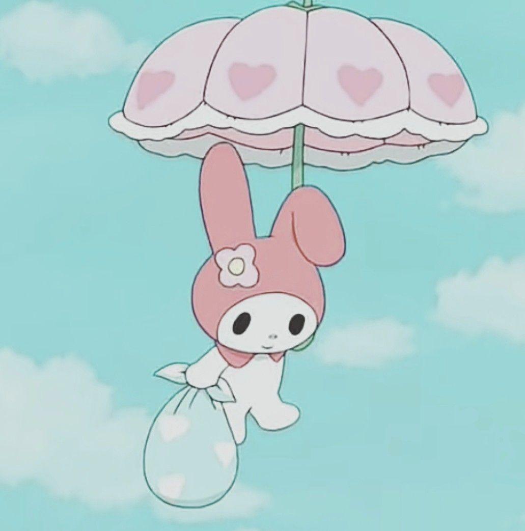 My Melody is a cute pink rabbit wearing a pink bonnet and holding a pink umbrella. - My Melody