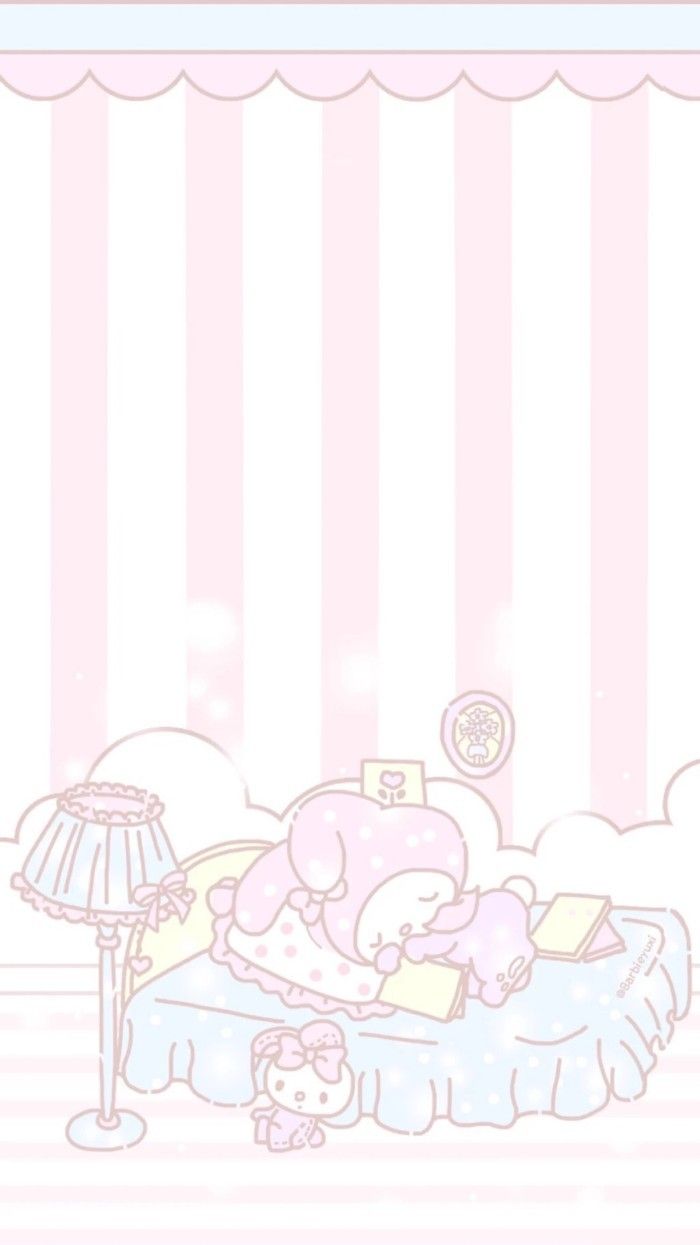 Pink wallpaper, with white stripes, cute phone backgrounds, my melody reading a book, in bed - My Melody