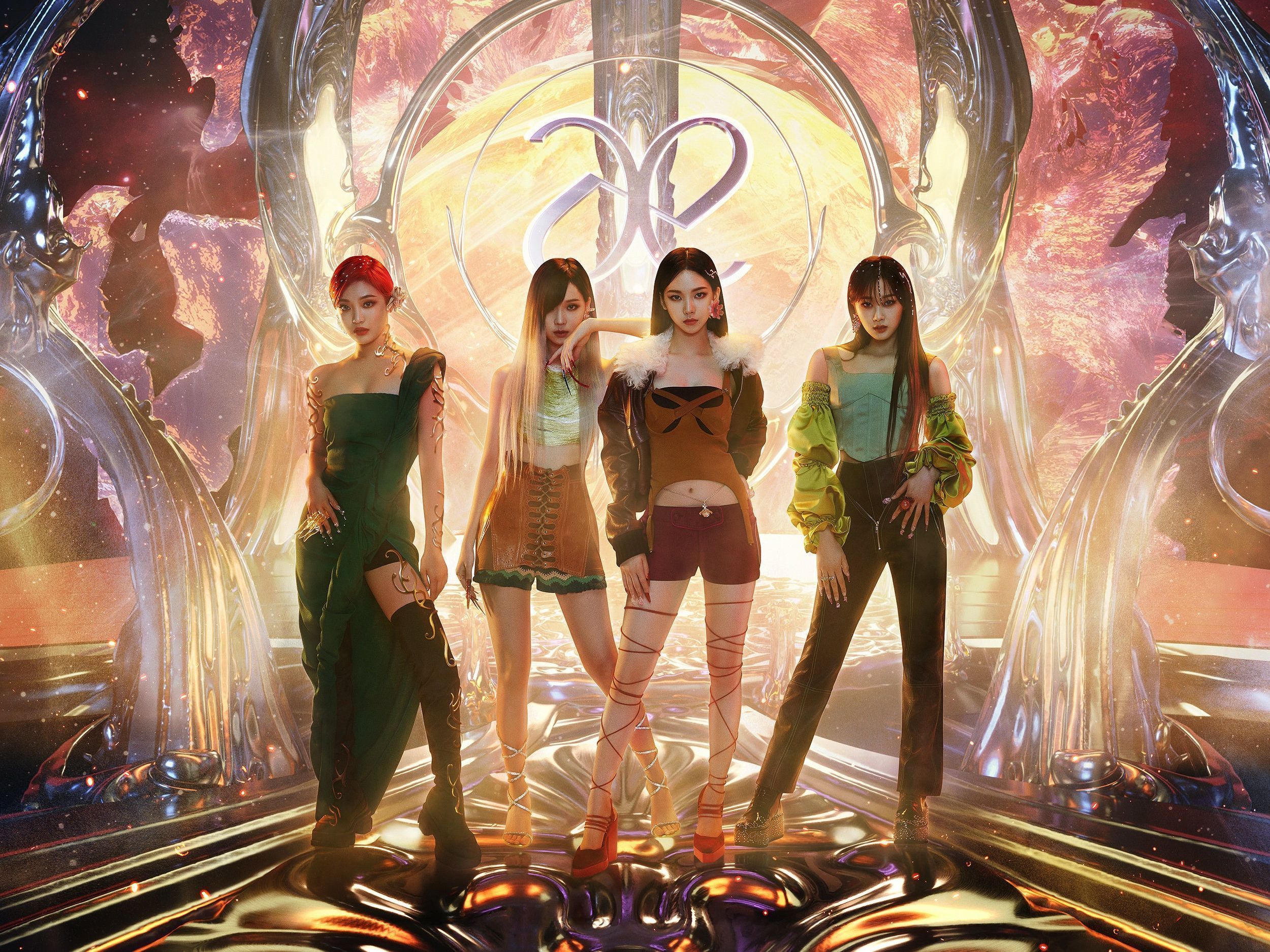 ITZY members Lia, Yeji, Ryujin, and Lia posing in front of a sci-fi background - Aespa