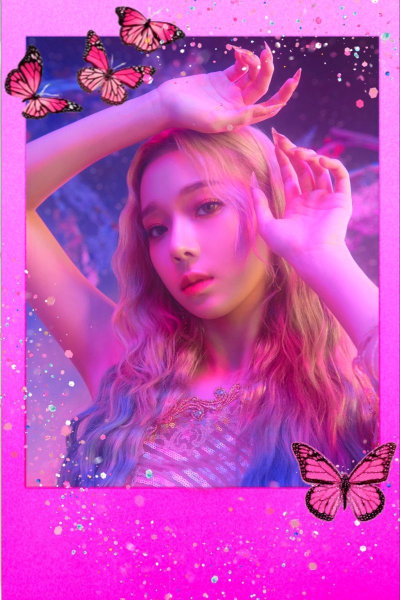 A picture of Rosé from BLACKPINK with a pink filter and butterflies around her - Aespa
