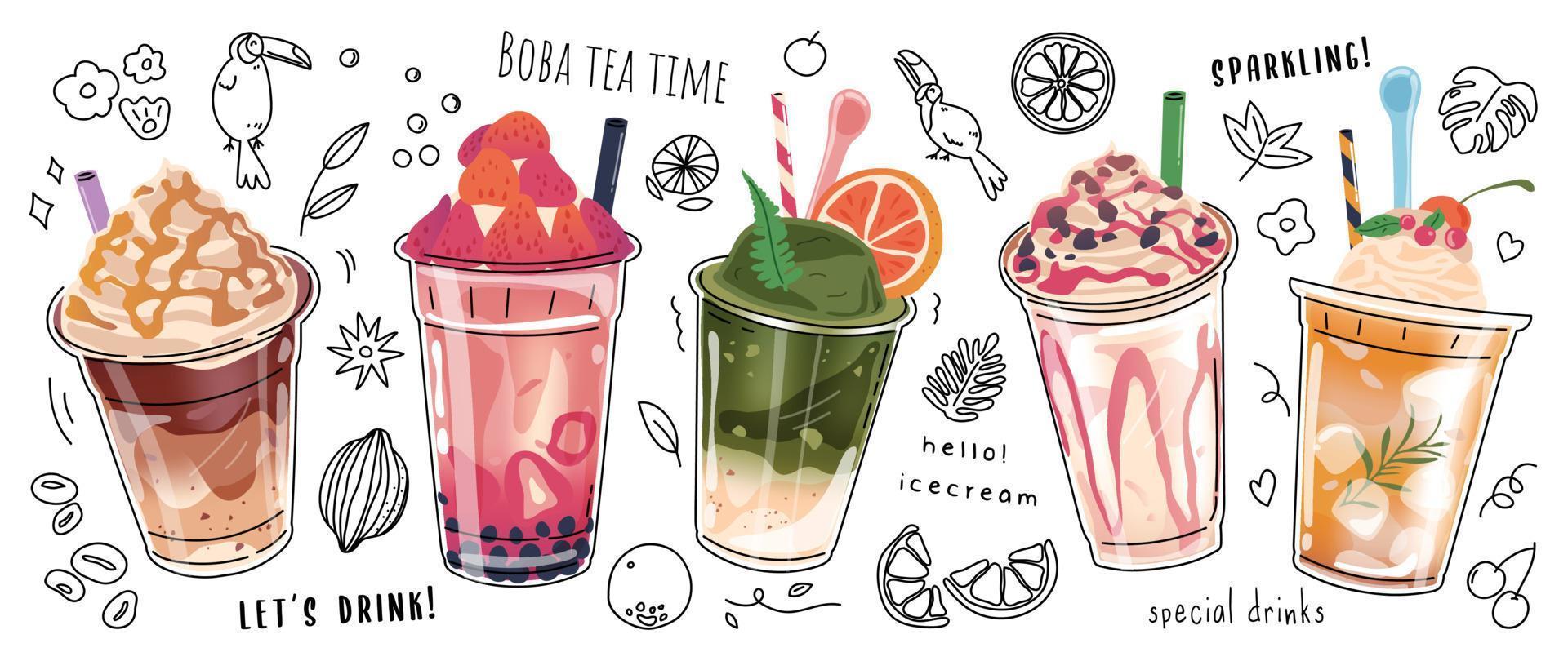 Bubble milk tea Special Promotions design, Boba milk tea, Pearl milk tea, Yummy drinks, coffees, sparkling soft drinks with logo and doodle style advertisement banner, poster. Vector illustration. Vector Art