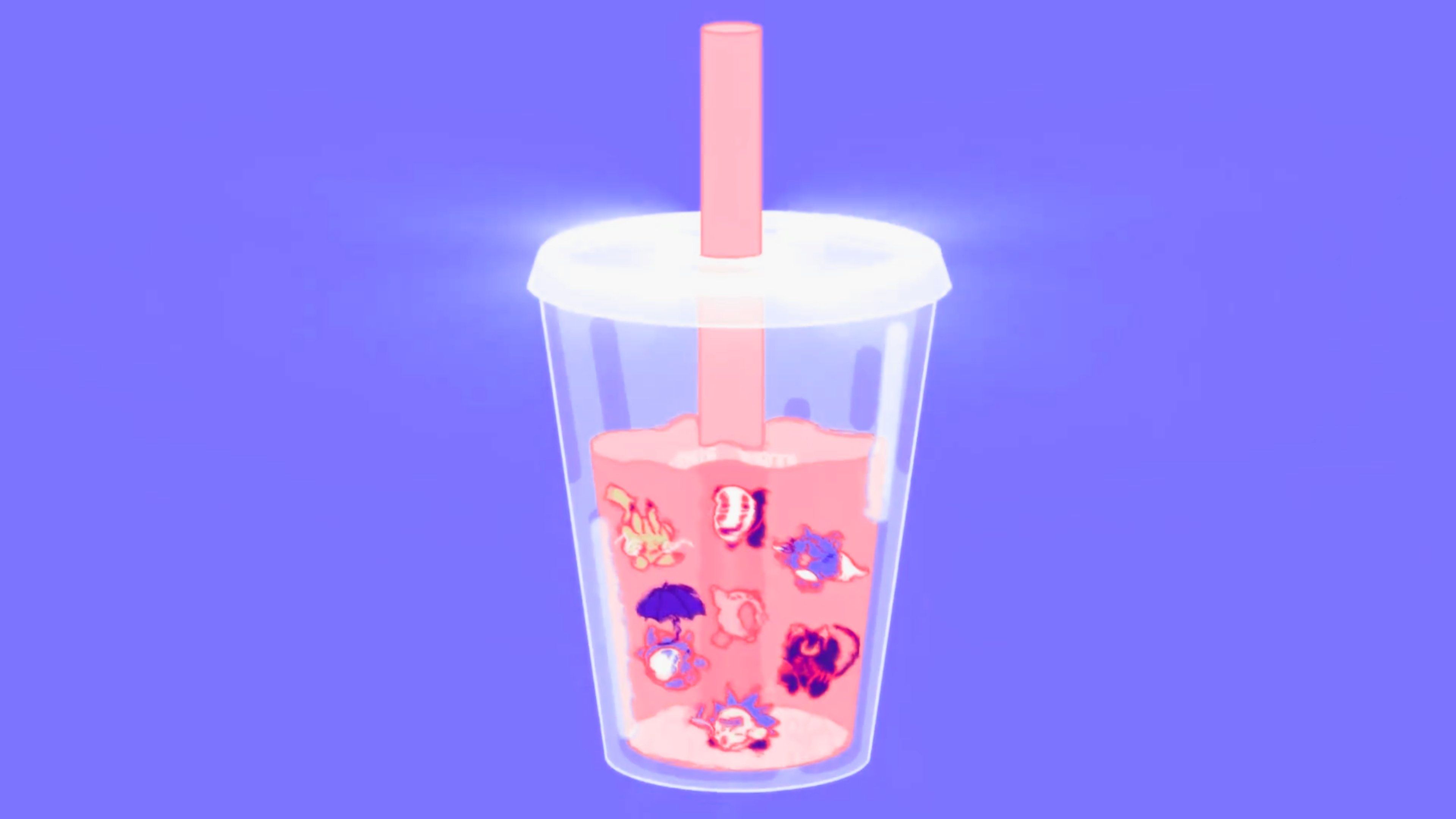 A clear plastic cup filled with pink liquid and decorated with pink and purple boba pearls. - Boba