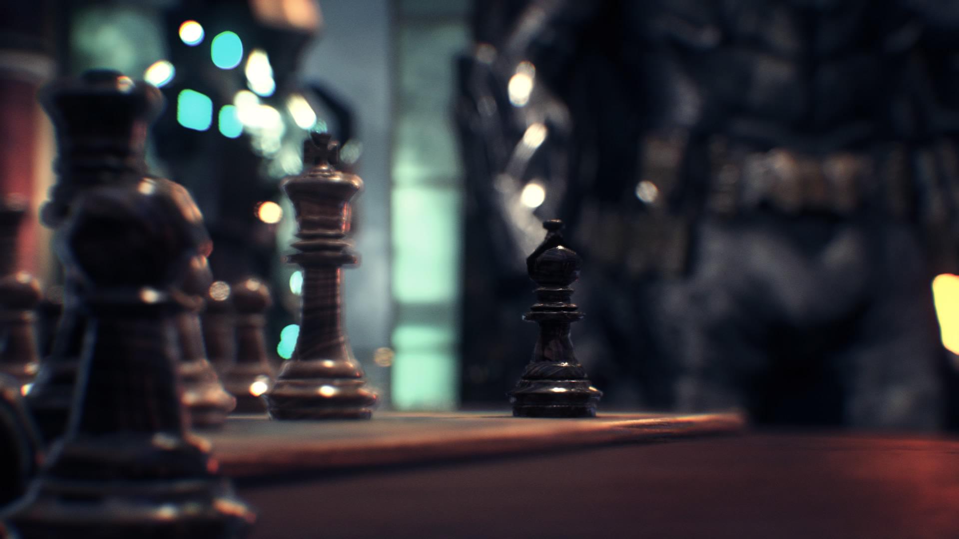 Chess game on a table with lights in the background. - Chess