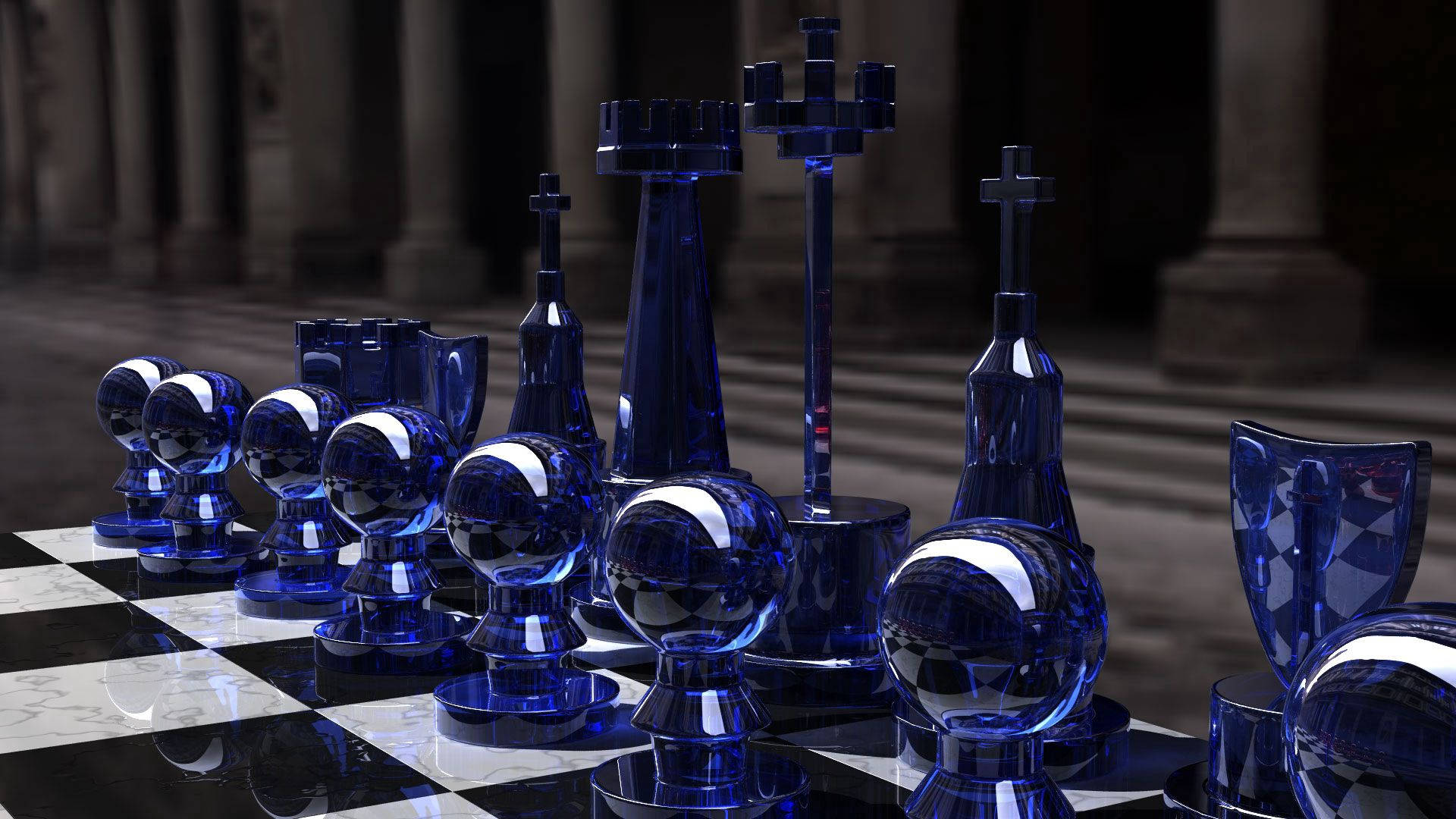 A 3D render of a glass chess set on a black and white marble chess board. - Chess