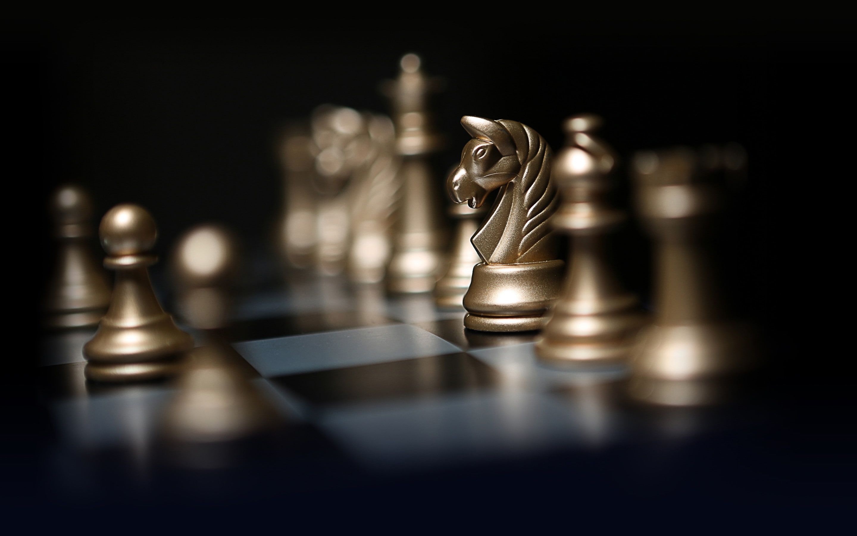 Chess pieces on a chess board, with a knight piece in focus. - Chess
