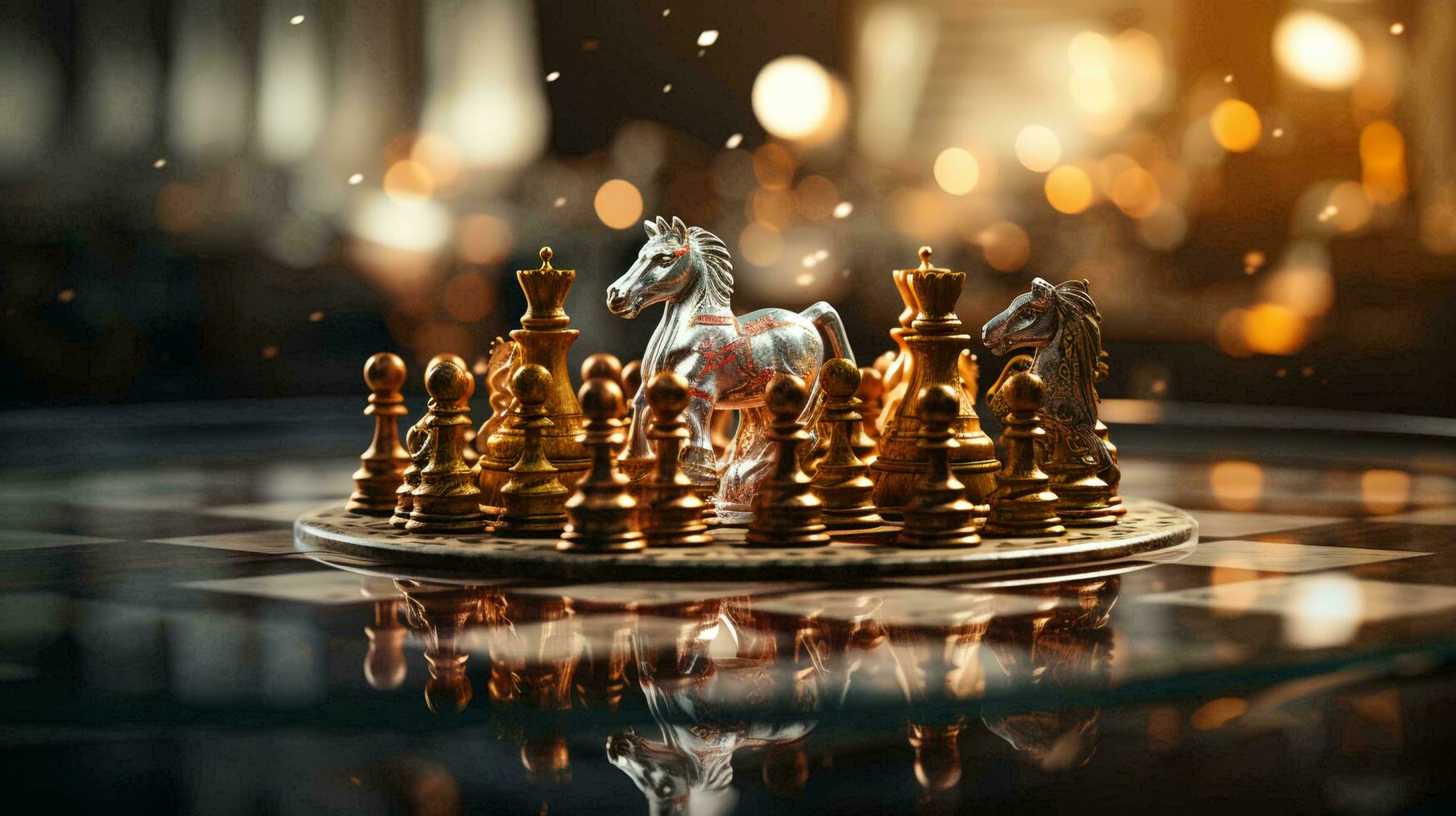 A chess board with gold chess pieces and a silver horse in the middle - Chess
