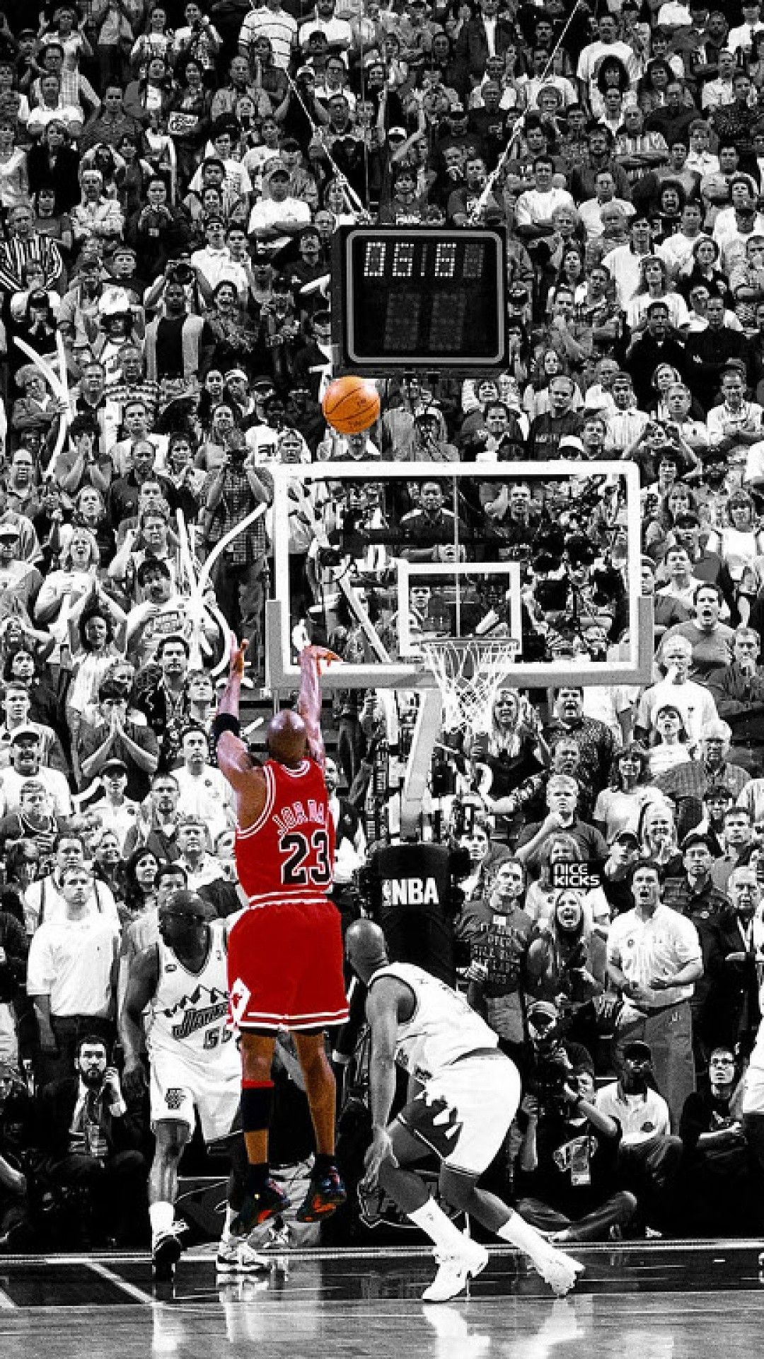 IPhone wallpaper of Michael Jordan hitting a game winning shot over Bryon Russell in the 1998 NBA Finals. - Michael Jordan