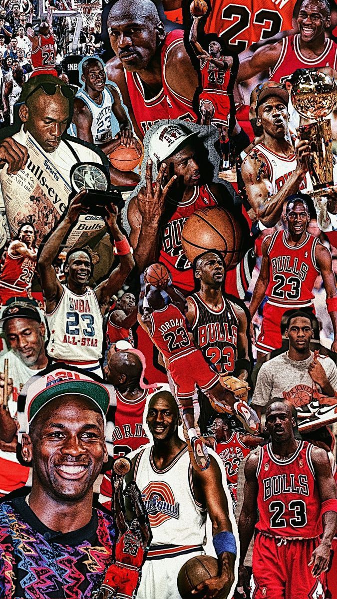 A collage of Michael Jordan in various Bulls jerseys. - Michael Jordan, Air Jordan