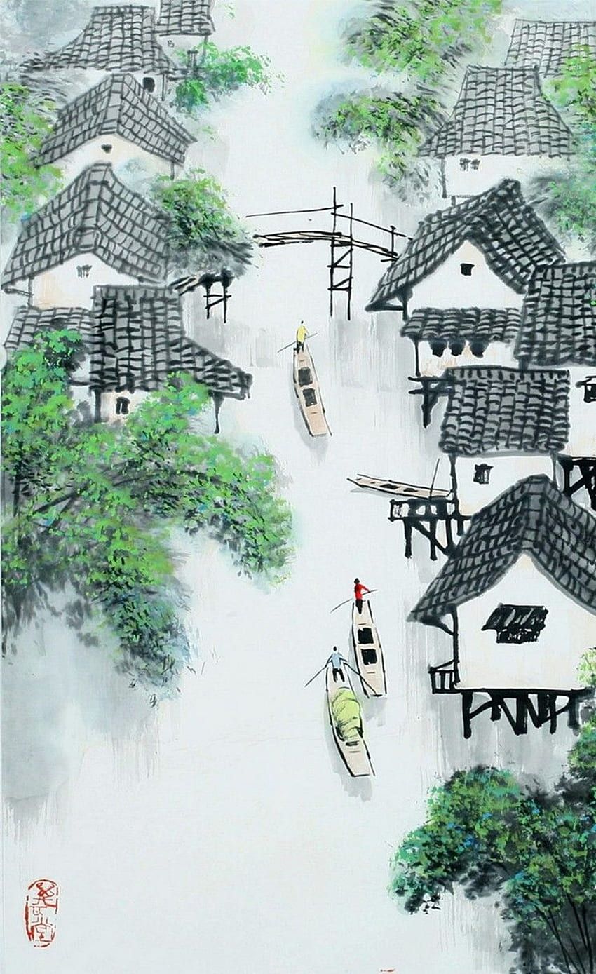 Chinese painting of a village with a river running through it - Chinese