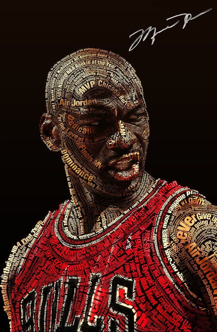 A portrait of Michael Jordan, the legendary basketball player, made up of words that describe his achievements and characteristics. - Michael Jordan