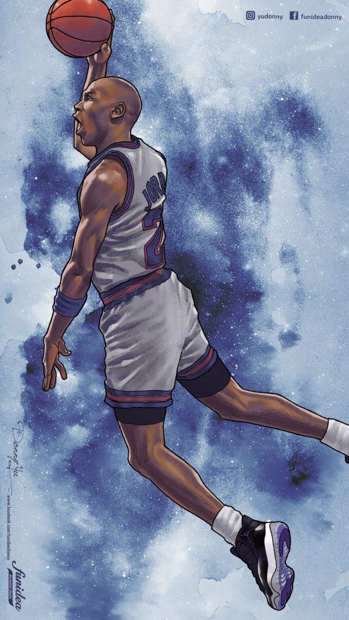 A cartoon illustration of a basketball player in the air with a ball in his hand. - Michael Jordan