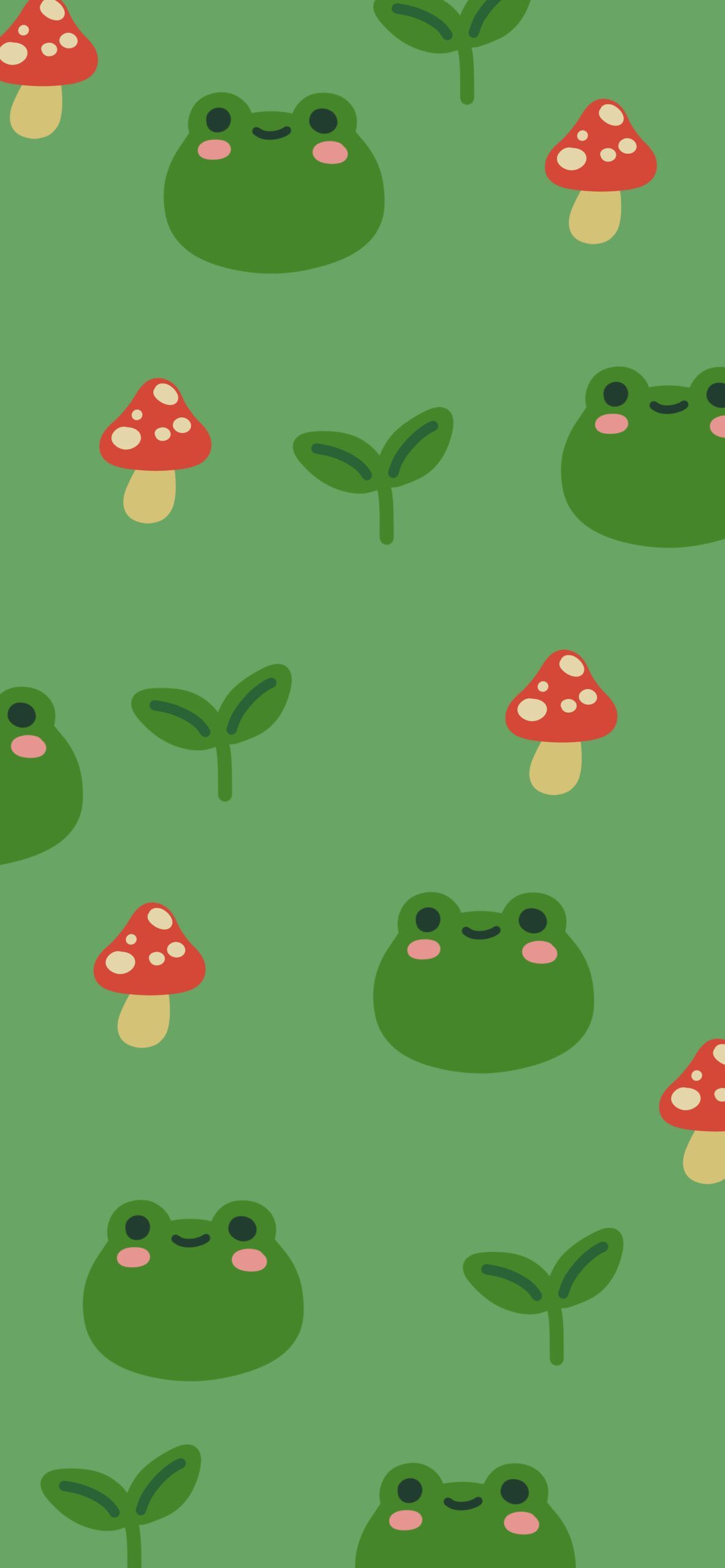 A pattern of green frogs and mushrooms - Frog, kawaii