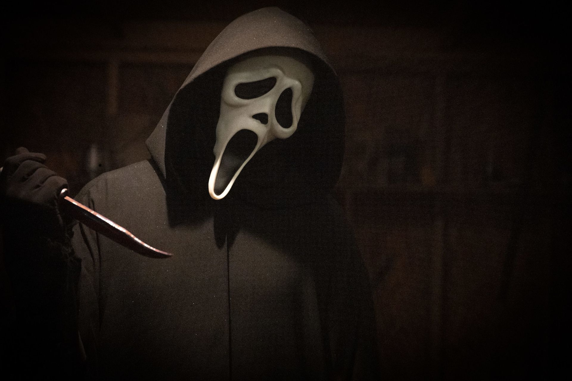 A person in a ghostface mask holding a knife. - Ghostface