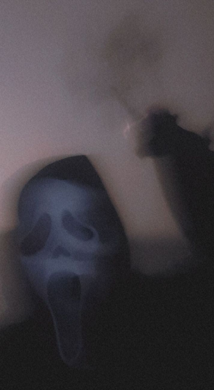 A person wearing a white mask with black eyes and black hooded jacket. - Ghostface