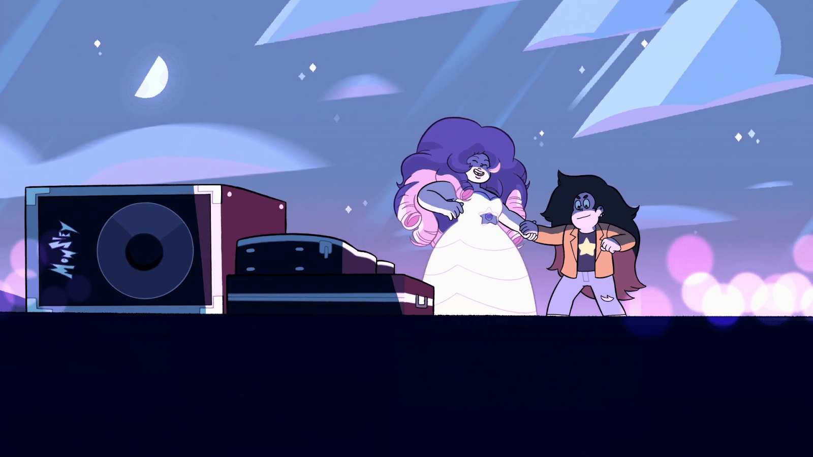 Amethyst and Pearl stand on stage, holding hands, in Steven Universe: The Movie. - Steven Universe