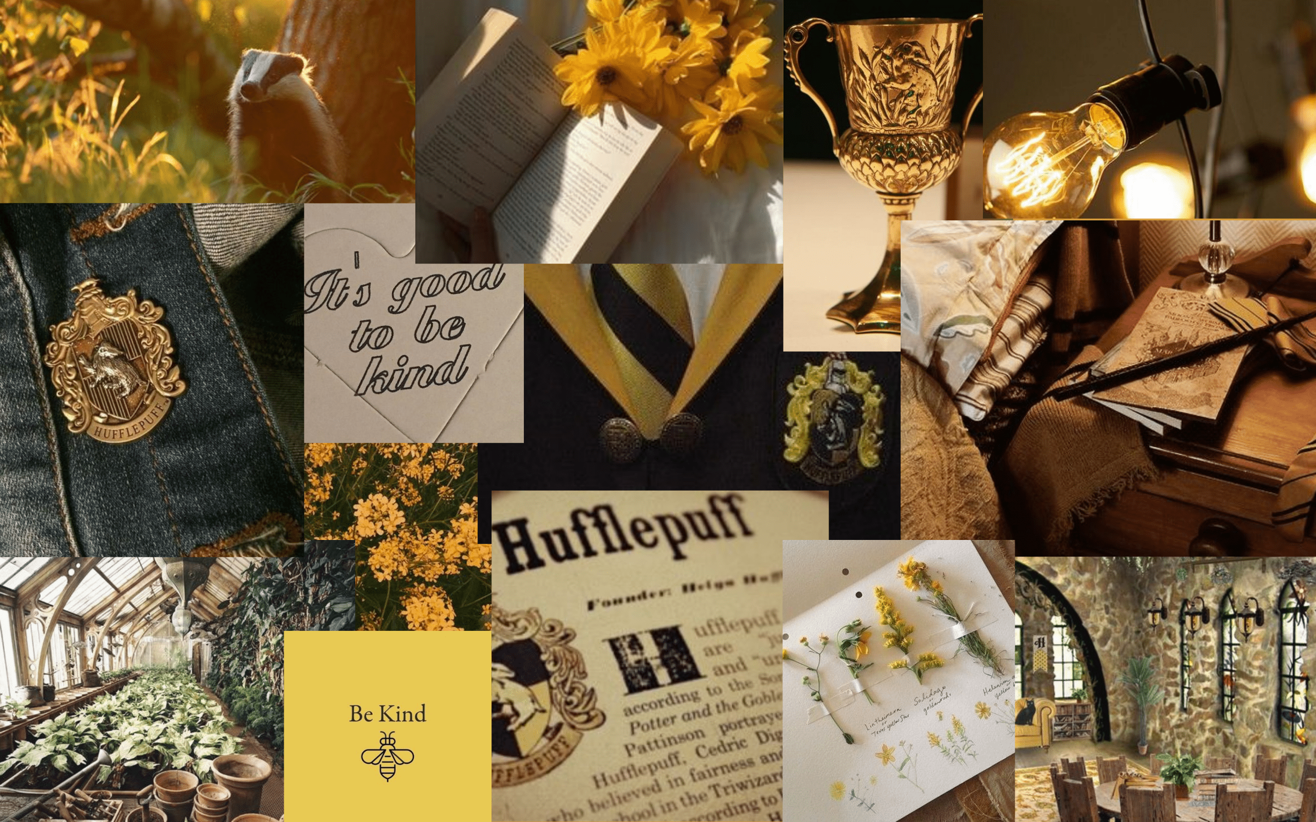 A collage of images including books, flowers, a candle, a cup, a wand, and a golden snitch. - Hufflepuff