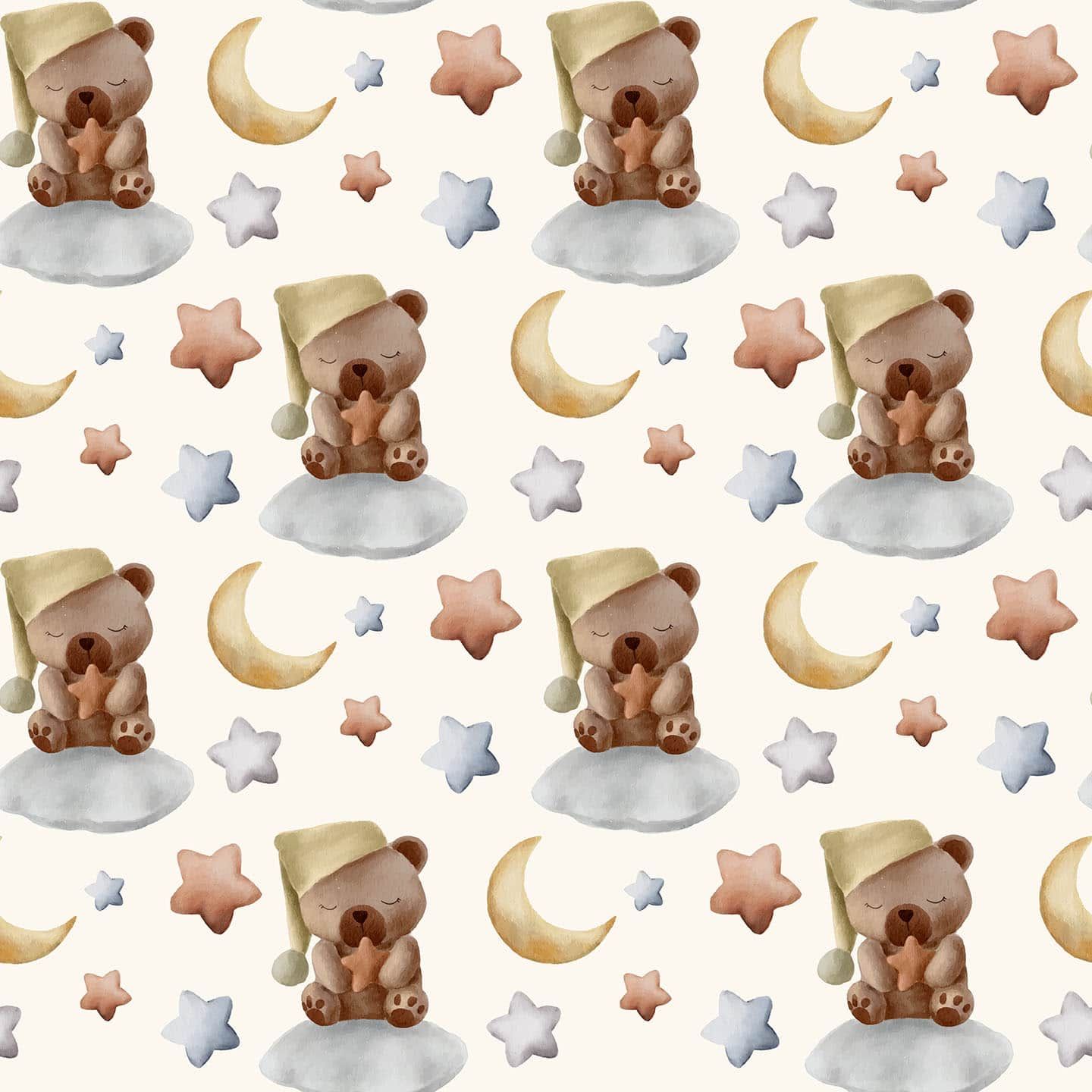 A watercolor pattern of sleeping teddy bears, stars and moons. - Teddy bear