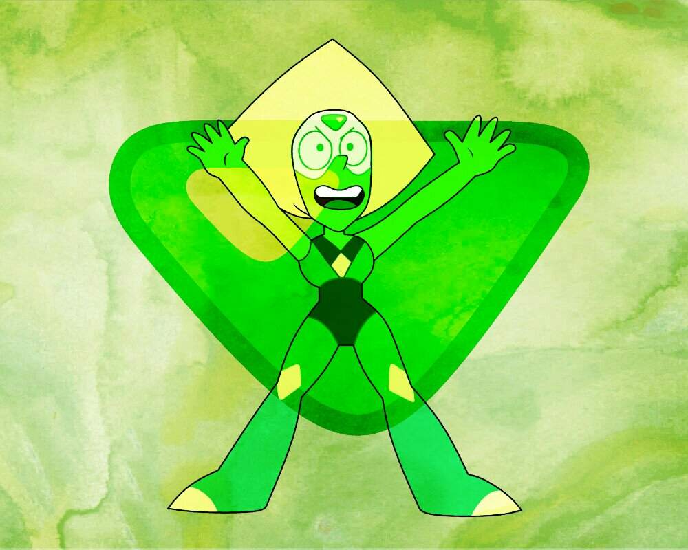 Peridot from Steven Universe. She's a green alien with a yellow diamond-shaped shield. - Steven Universe