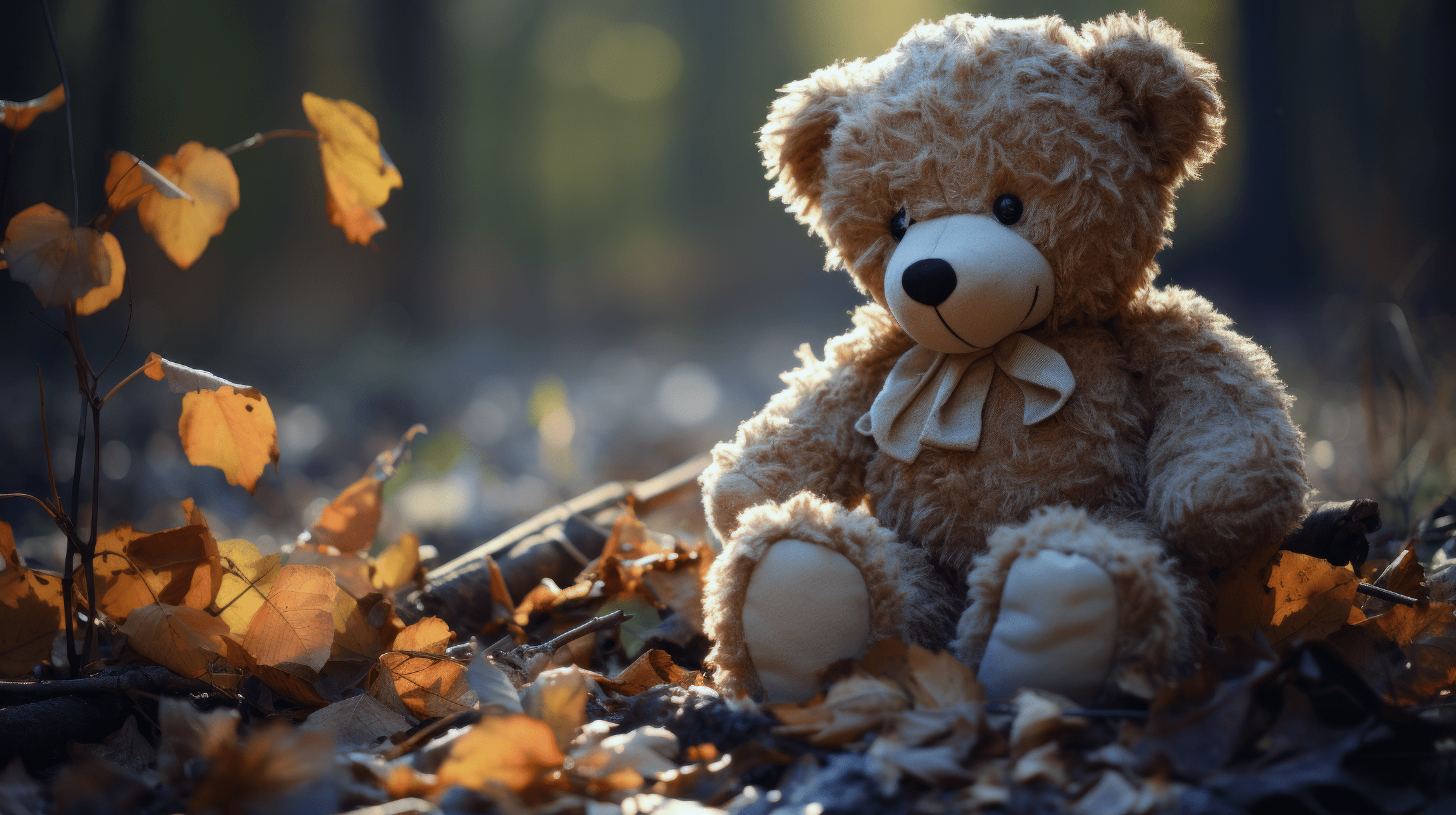 A teddy bear sitting on a bed of leaves. - Teddy bear