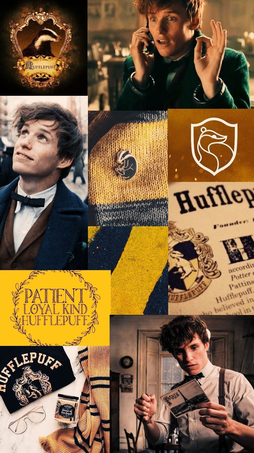 A collage of images of the Fantastic Beasts series and the Harry Potter series with the Hufflepuff house symbol - Hufflepuff