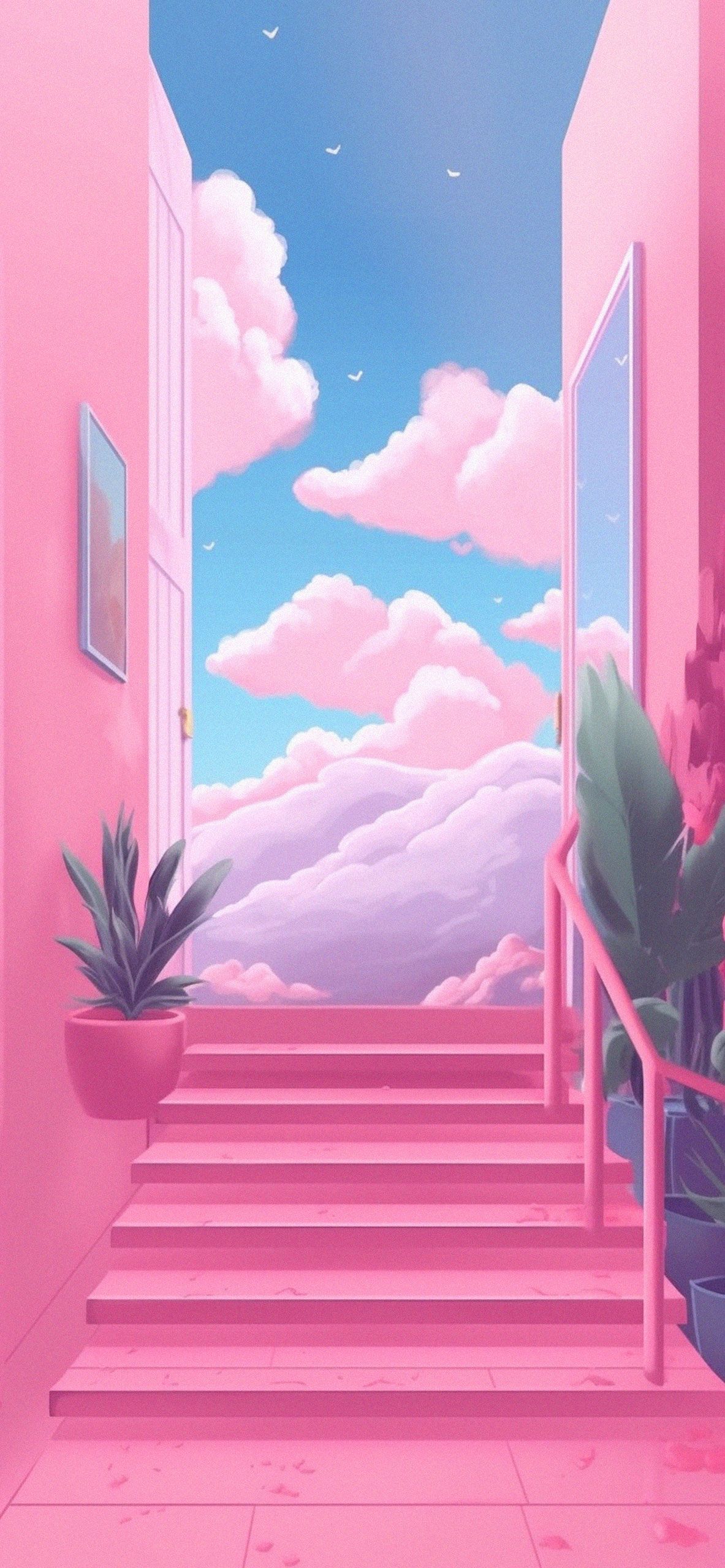 A pink staircase leads to a door with a sky background - Trippy, psychedelic