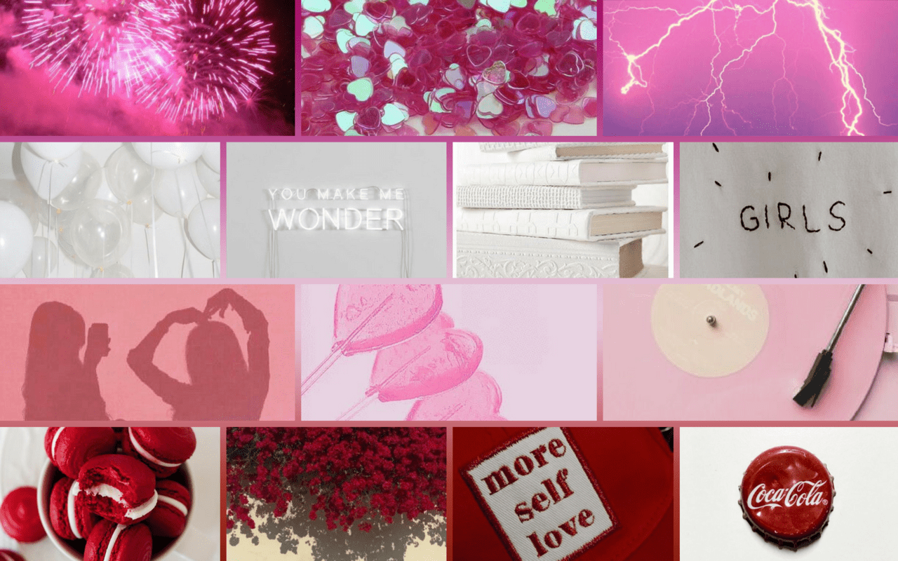 A collage of pink and red aesthetic pictures including books, fireworks, a clock, and a bottle cap. - Lesbian