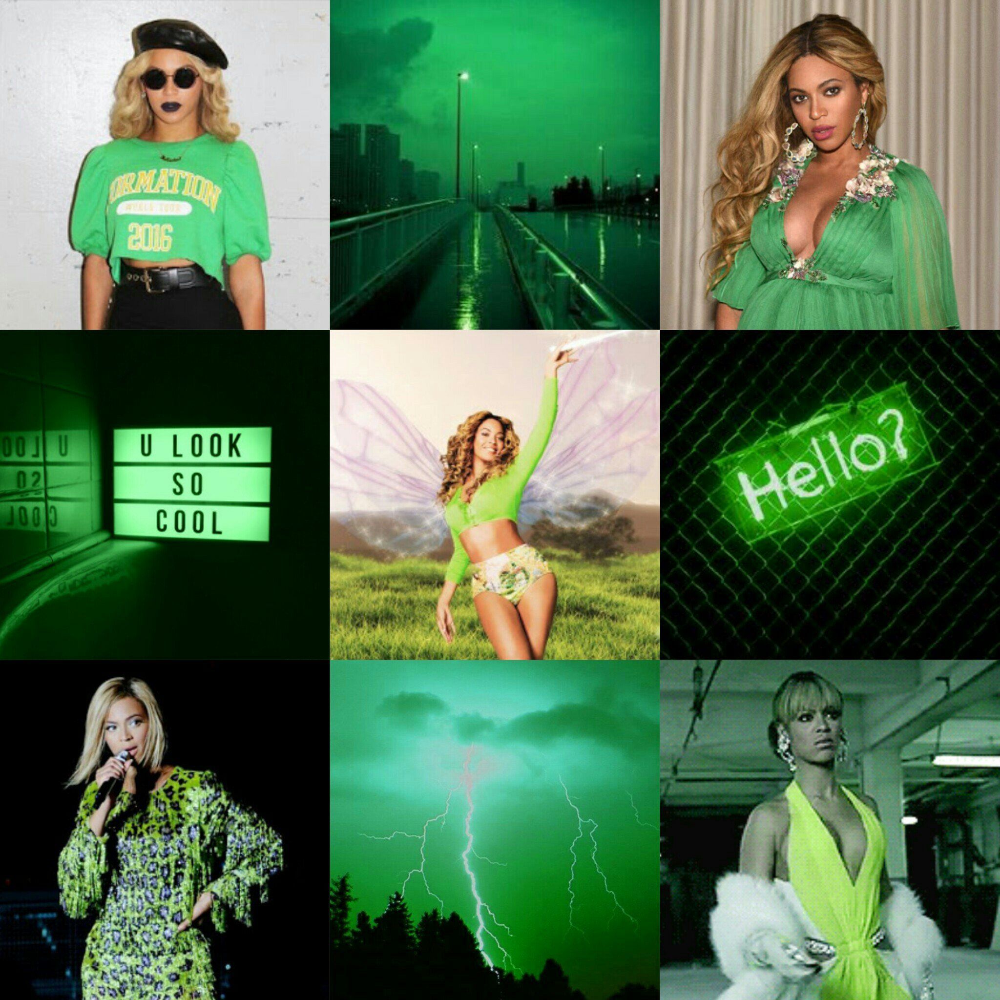 A collage of nine photos of Beyoncé in green outfits or backdrops. - Beyonce