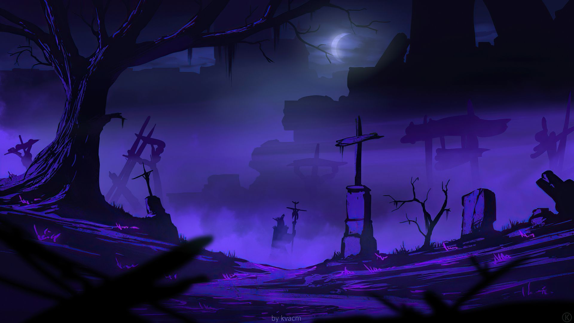 An old, dark cemetery with purple fog and silhouetted graves. - Woods