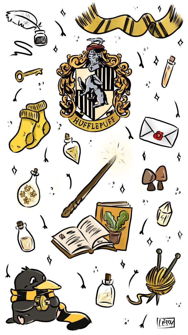 A digital drawing of Hufflepuff's crest surrounded by items such as a book, a sock, a wand, a snitch, and a cup. - Hufflepuff