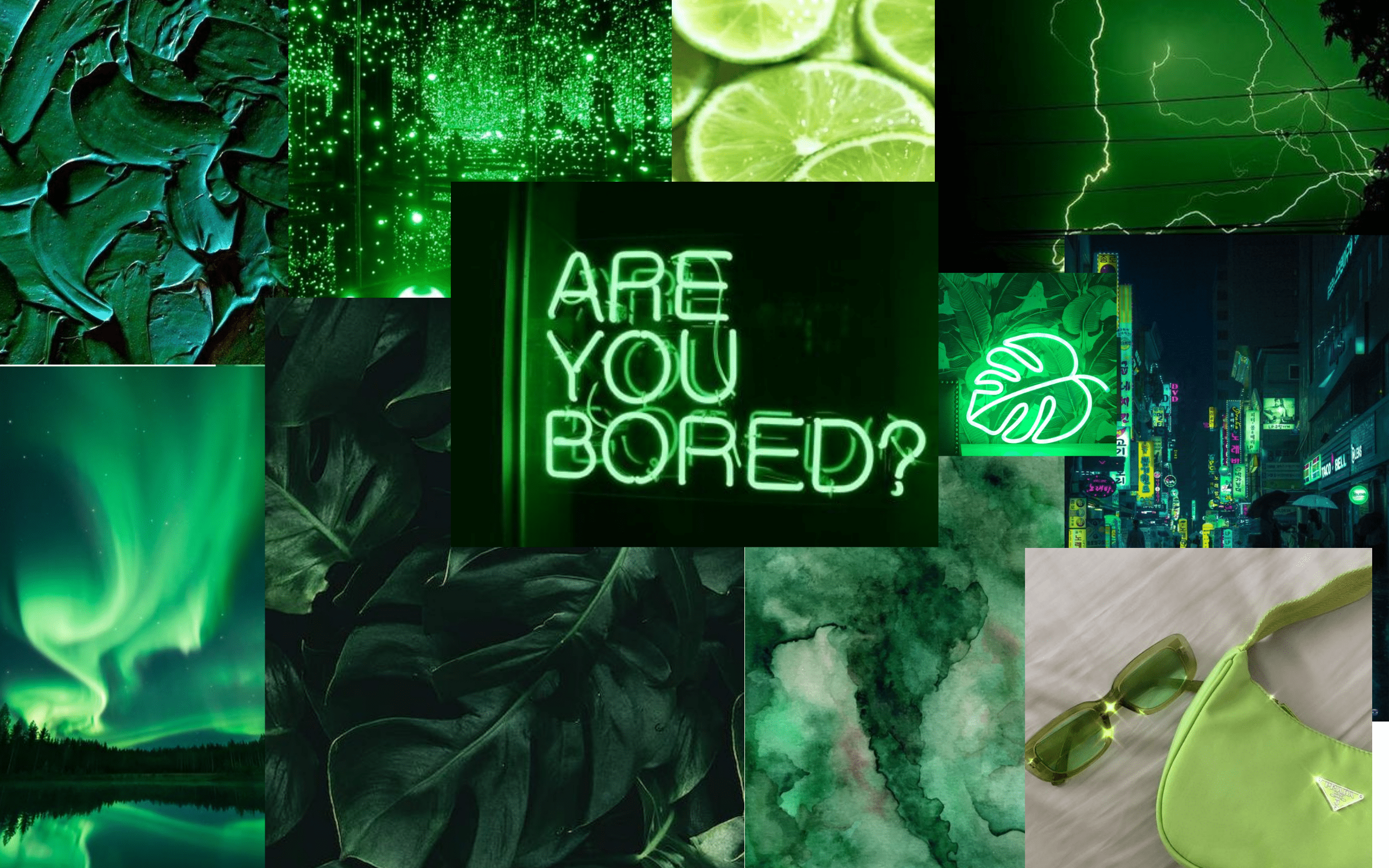 A collage of neon green aesthetic images including text that says 