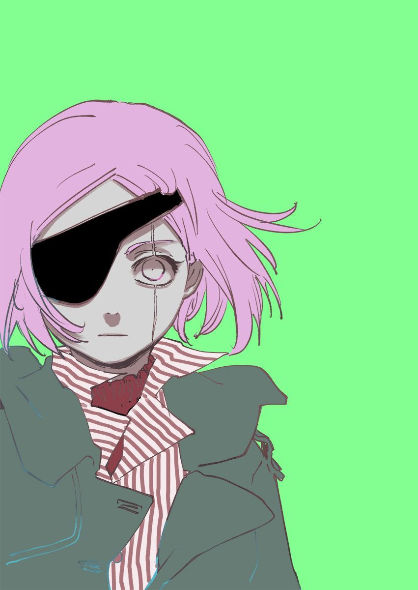 A pink haired anime character with an eye patch and a green jacket. - Tokyo Ghoul