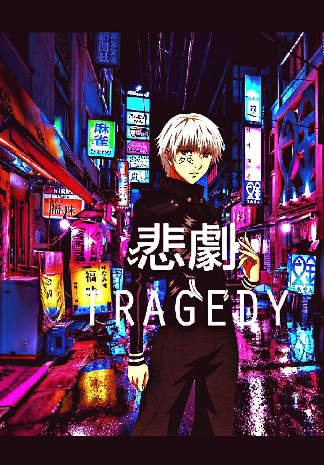 Anime wallpaper iphone 11 pro max of anime boy with white hair in a black suit standing in a street with neon lights - Tokyo Ghoul