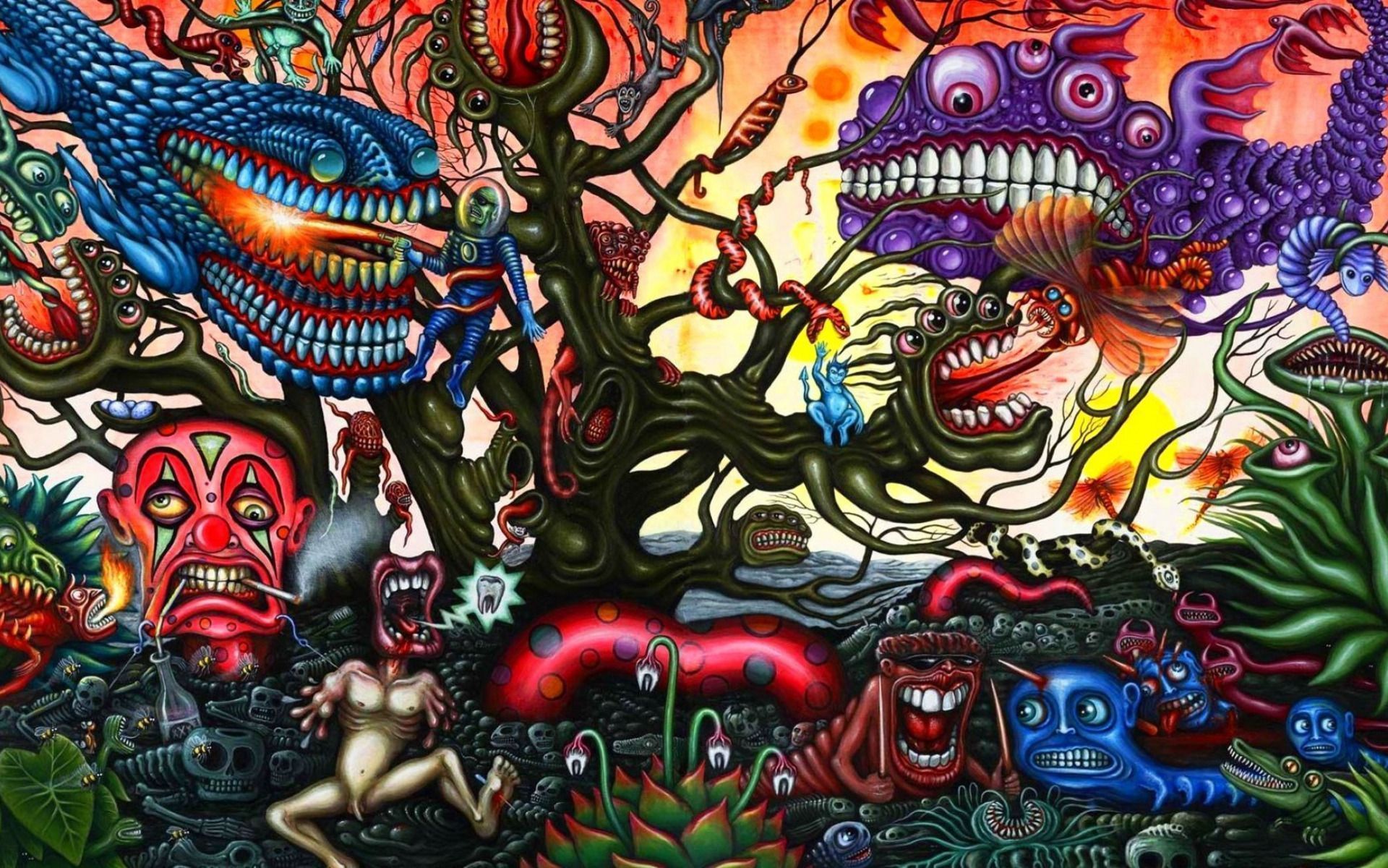 Download wallpaper astronaut, dark, monsters, creatures, fantasy, evil, psychedelic, creepy, nightmare, toothy, dream, psy art, other worlds, smoking head, section fantasy in resolution 1920x1200