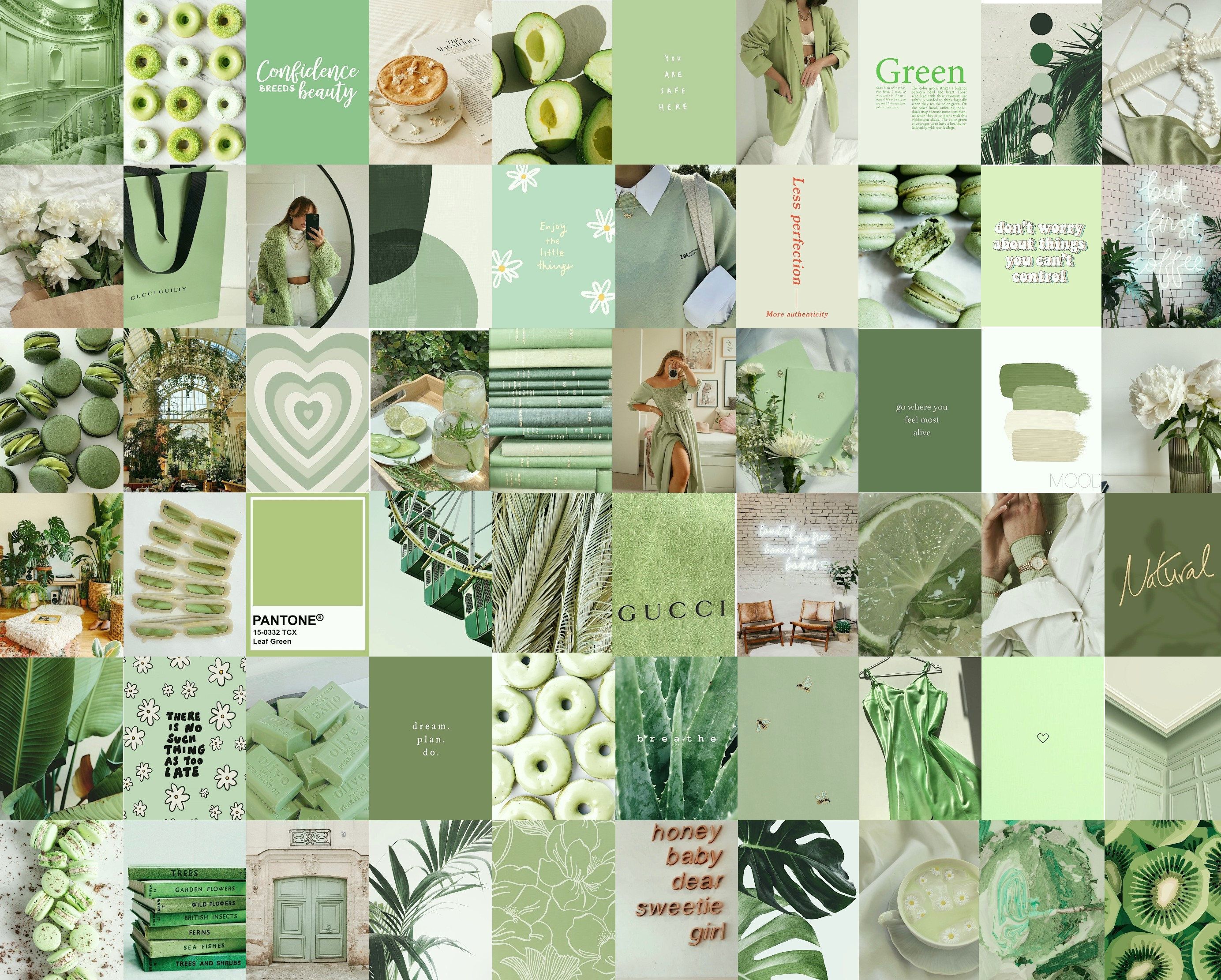 A collage of photos in shades of green. - Sage green, green, mint green